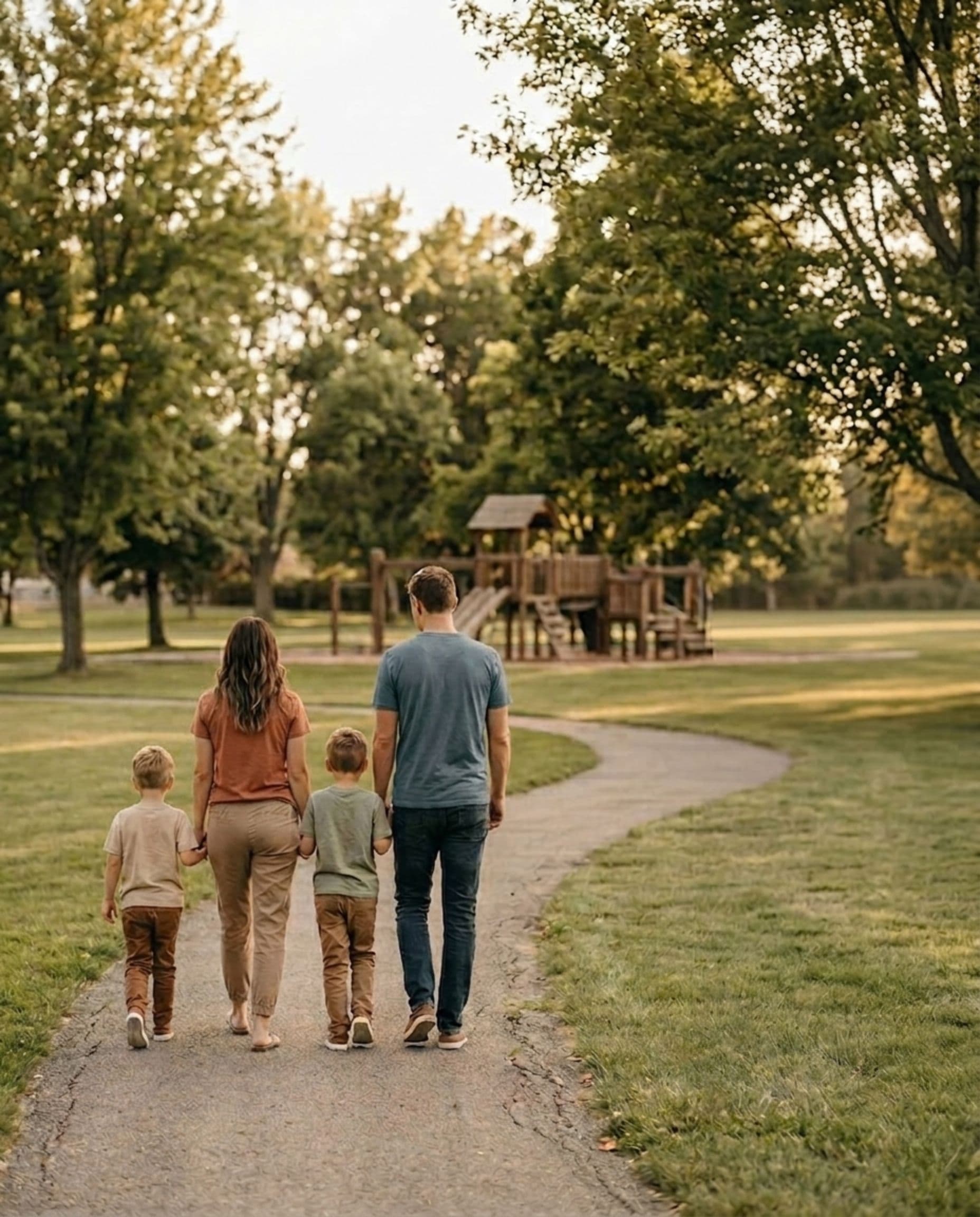 A young family walking together through a park at golden hour
