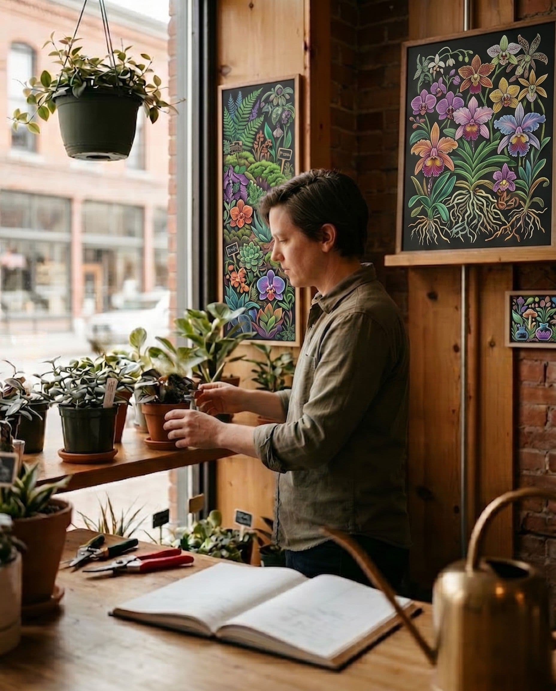 A small-business proprietor arranging plants in an old-town storefront